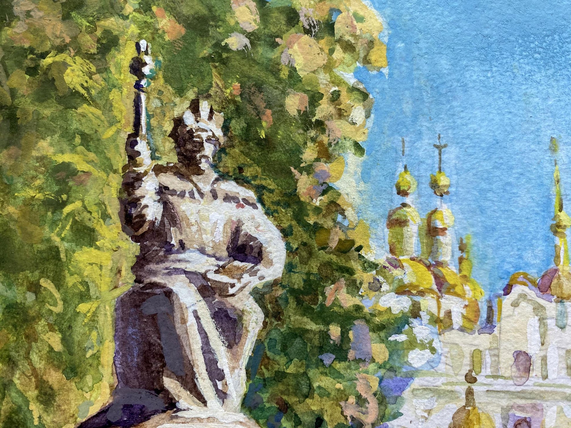 Stone statue of crowned figure with scepter in watercolor style for Painting Monasteries Benfialov