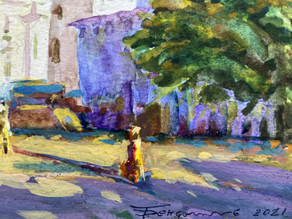 Vibrant watercolor Monasteries Benfialov street scene with trees, 2021
