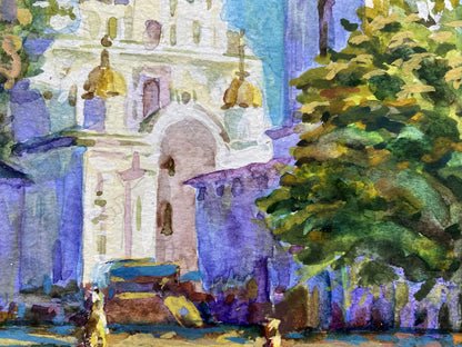 Watercolor painting of Painting Monasteries Benfialov white stone church with golden domes