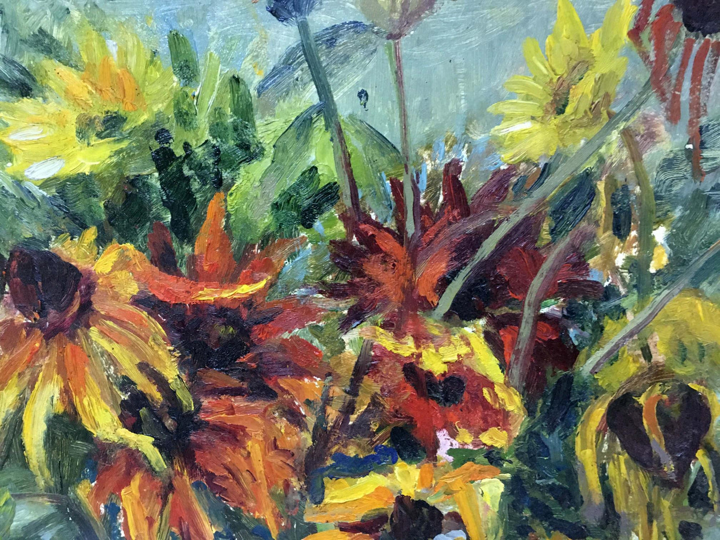 Vibrant yellow orange sunflowers oil painting by Kotlyar Taisiya Alexandrovna
