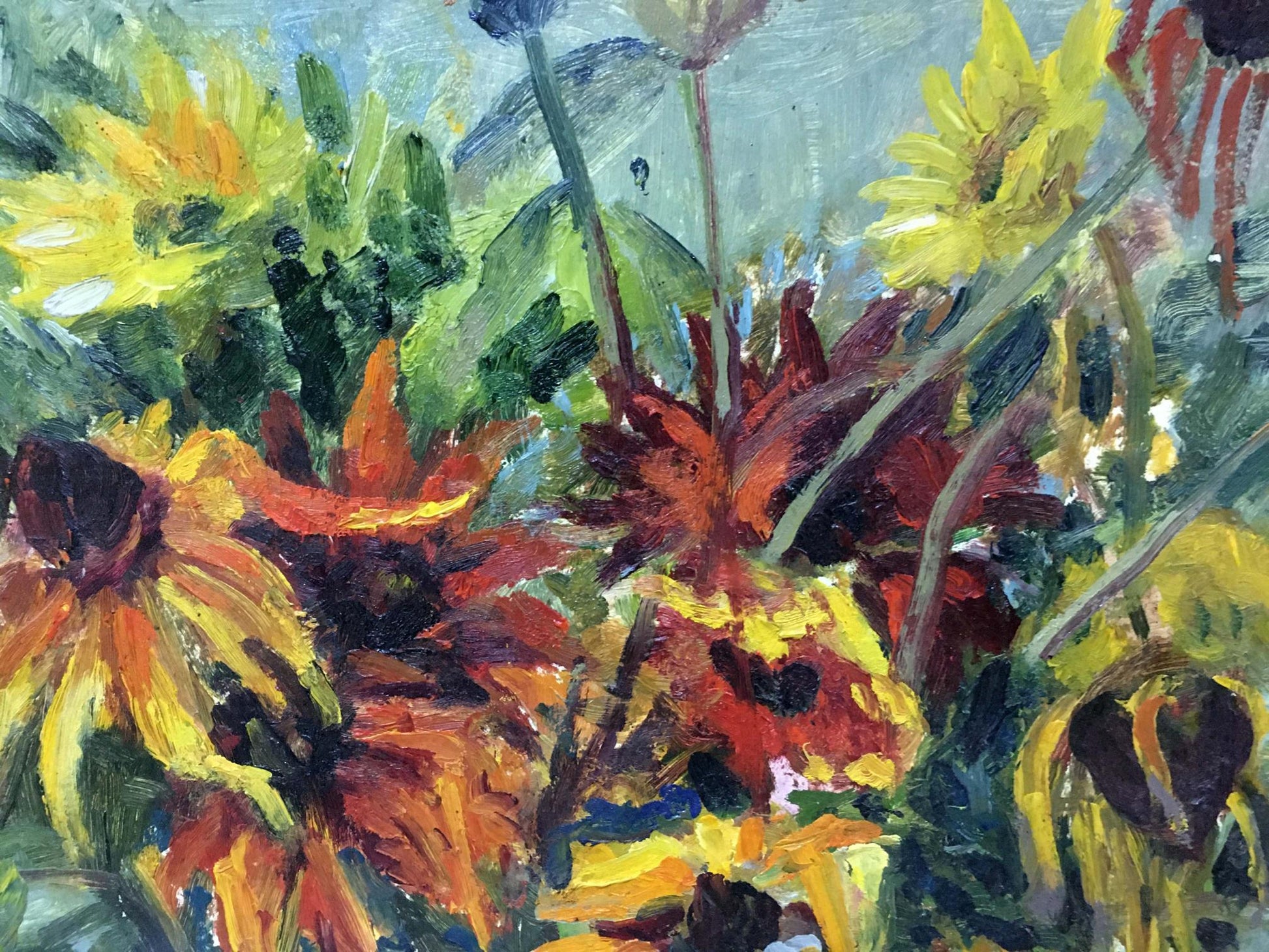 Vibrant yellow orange sunflowers oil painting by Kotlyar Taisiya Alexandrovna