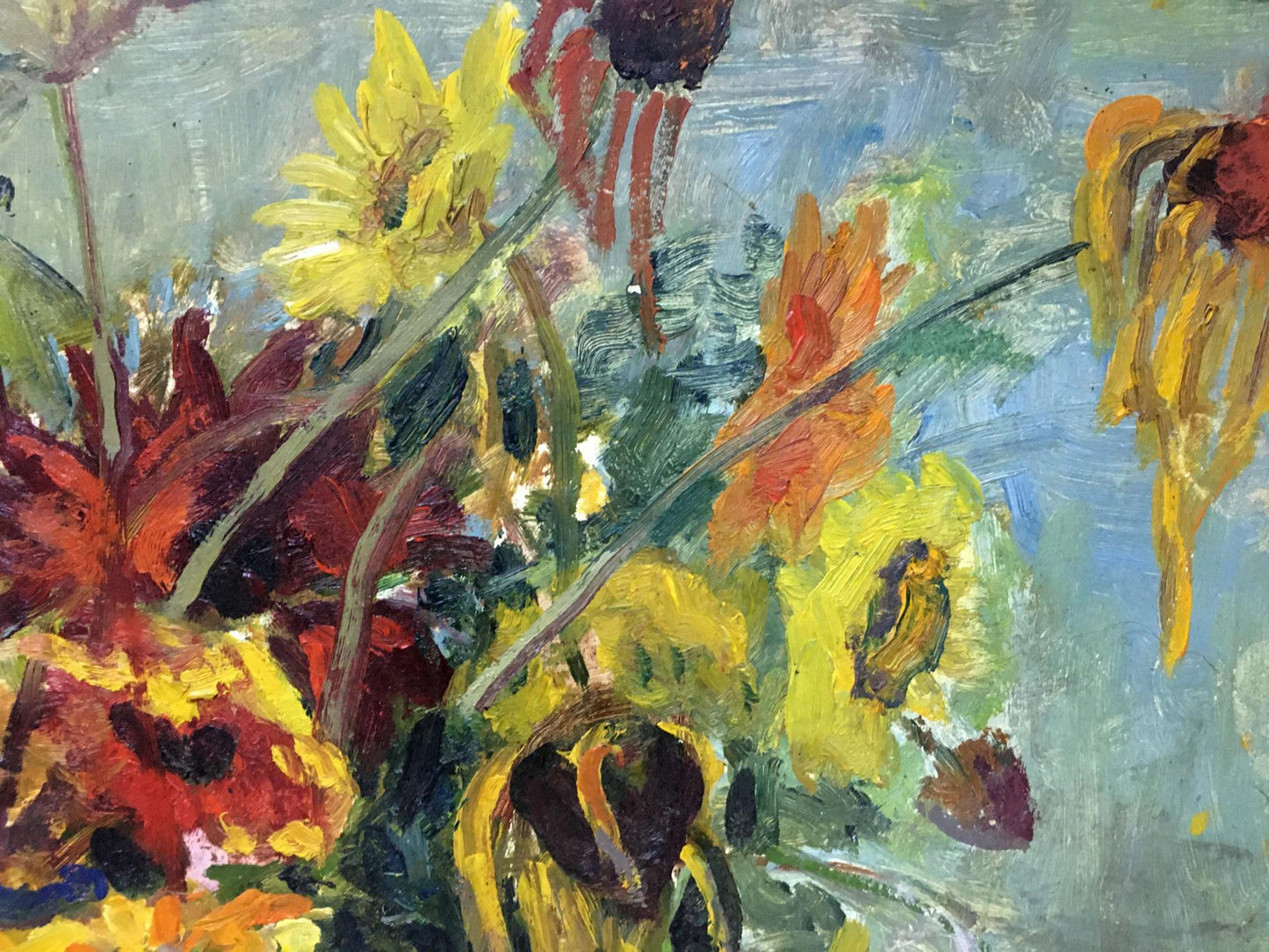 Vibrant impressionist oil painting of autumn sunflowers by Kotlyar Taisiya Alexandrovna