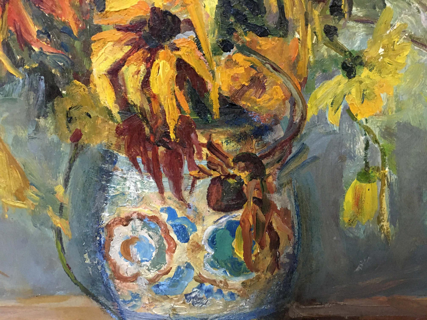 Oil painting of autumn yellow flowers in blue white vase by Kotlyar Taisiya Alexandrovna
