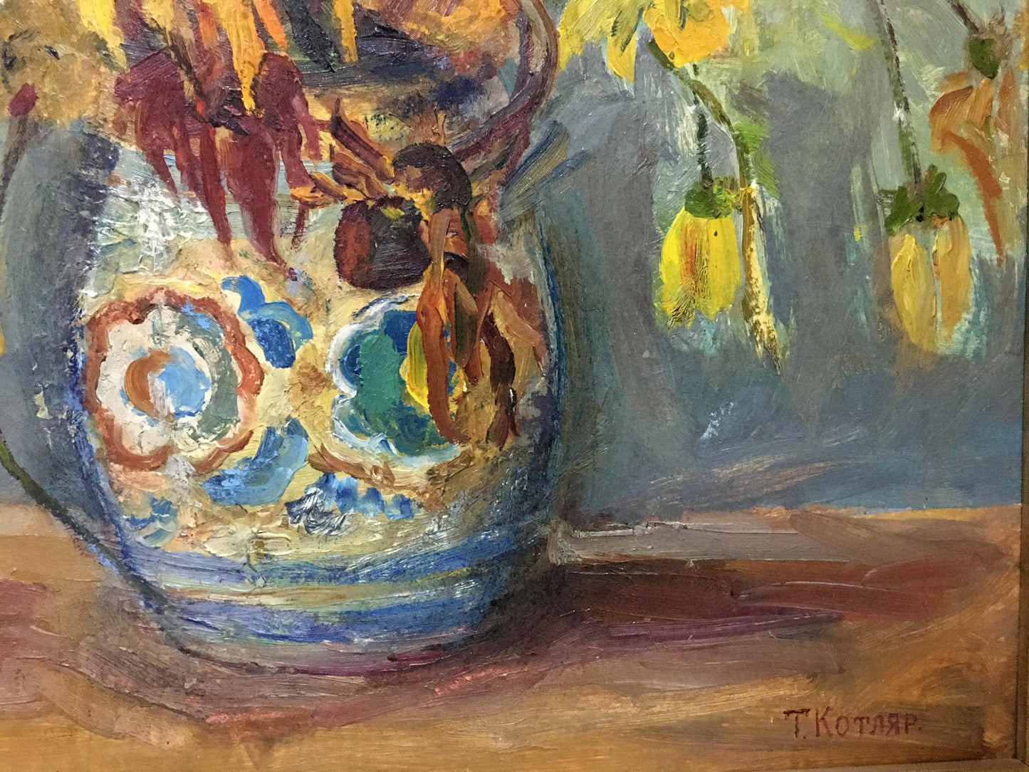 Oil painting of wilted yellow flowers in blue white floral vase by Kotlyar Taisiya Alexandrovna