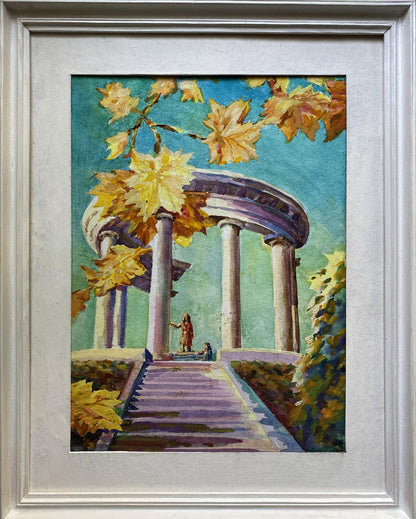 Watercolor City Park Benfialov painting in white frame with autumn colonnade