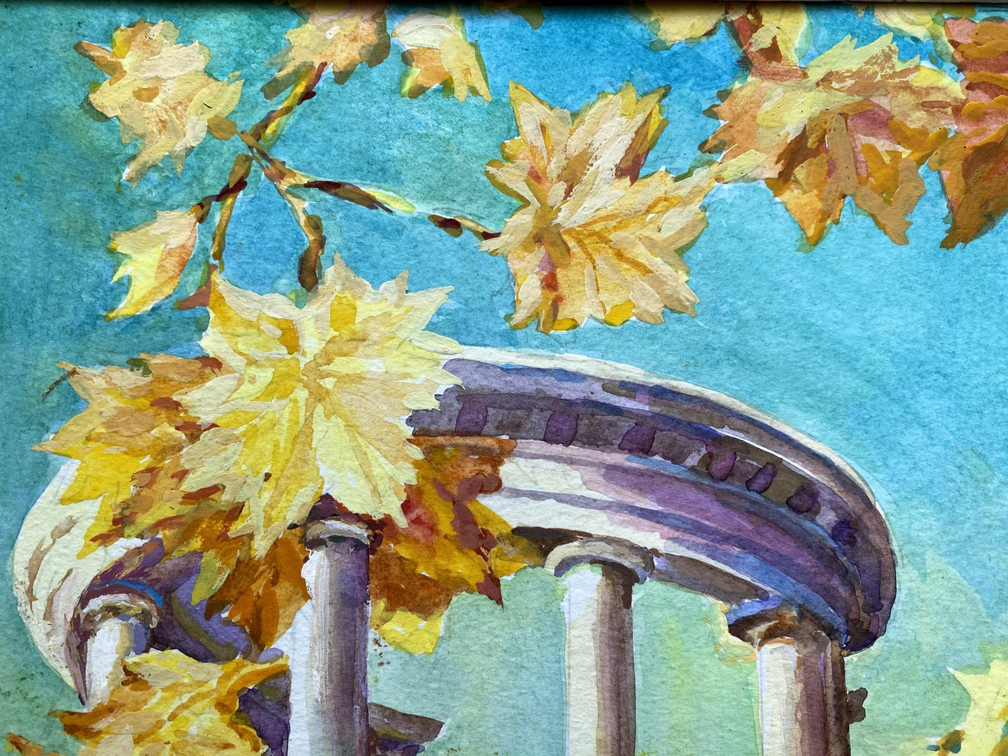 Watercolor painting of City Park Benfialov with white columns, purple accents, golden autumn leaves, teal sky