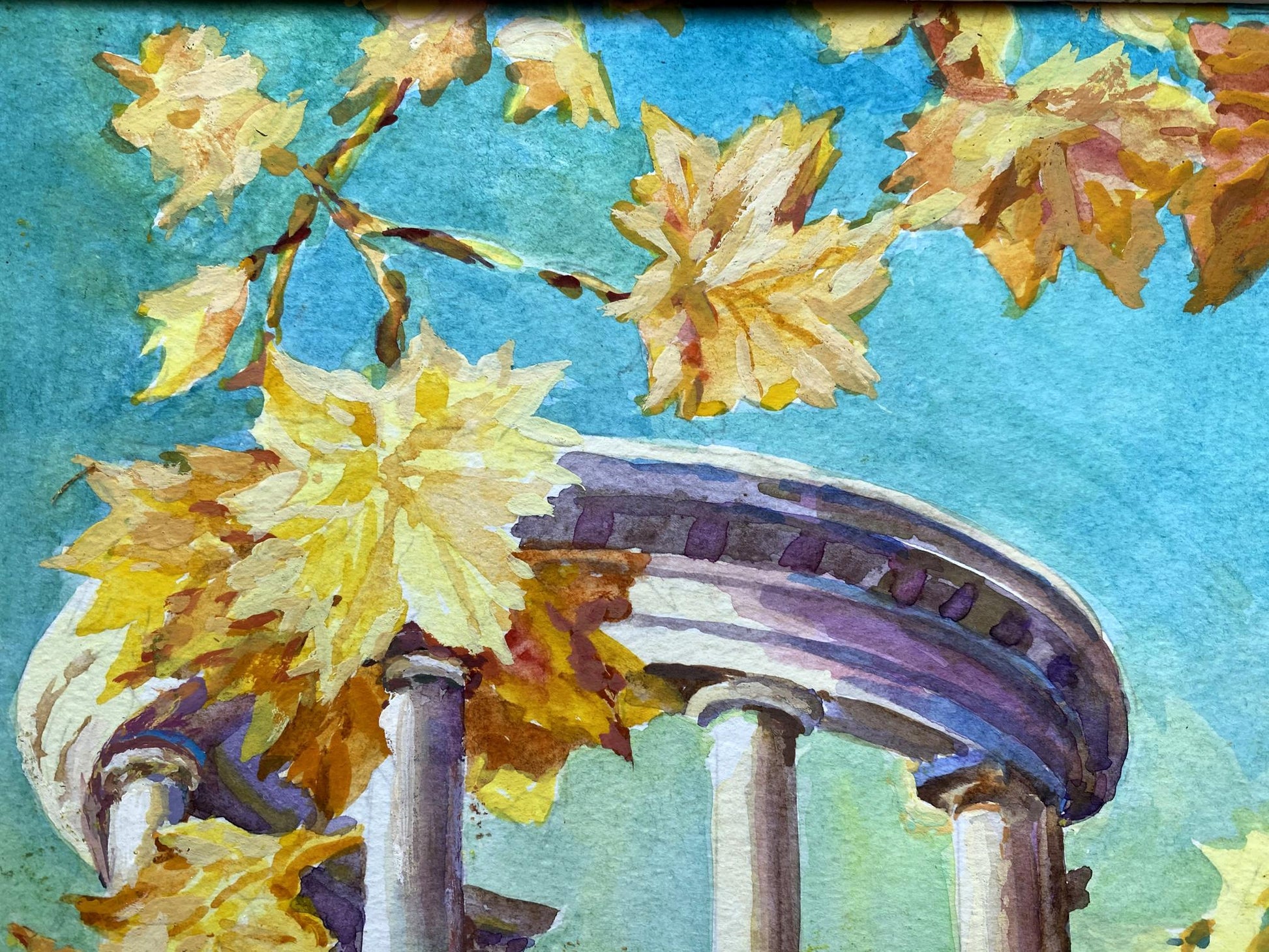 Watercolor painting of City Park Benfialov with white columns, purple accents, golden autumn leaves, teal sky