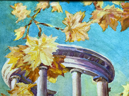 Watercolor painting of City Park Benfialov with white columns, purple accents, golden autumn leaves, teal sky