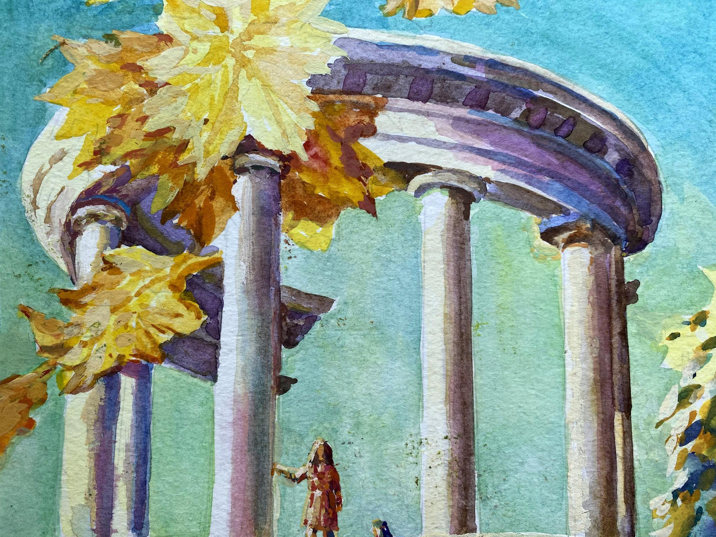 Watercolor painting of City Park Benfialov colonnade with autumn leaves