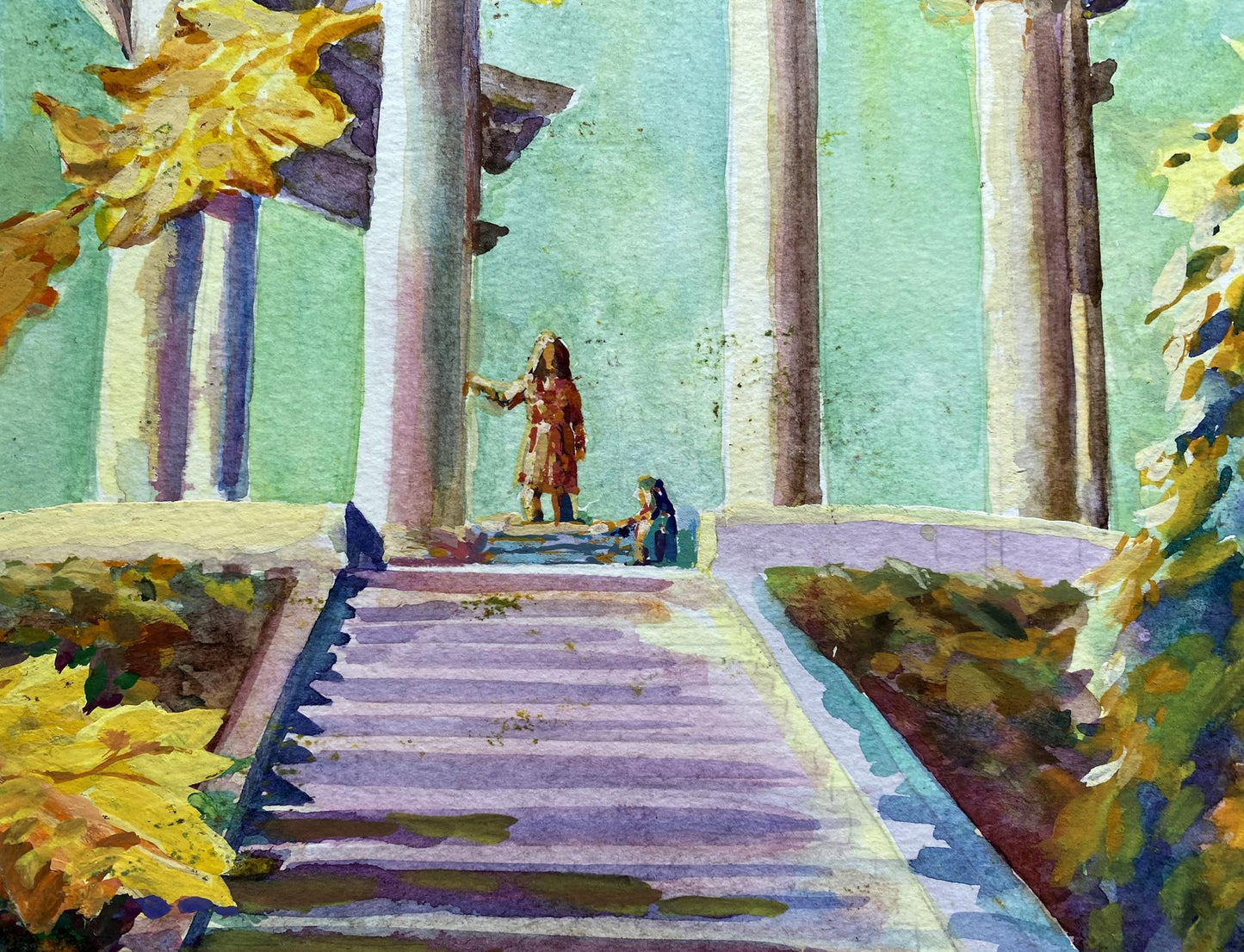 Watercolor painting of City Park Benfialov stone staircase with autumn foliage