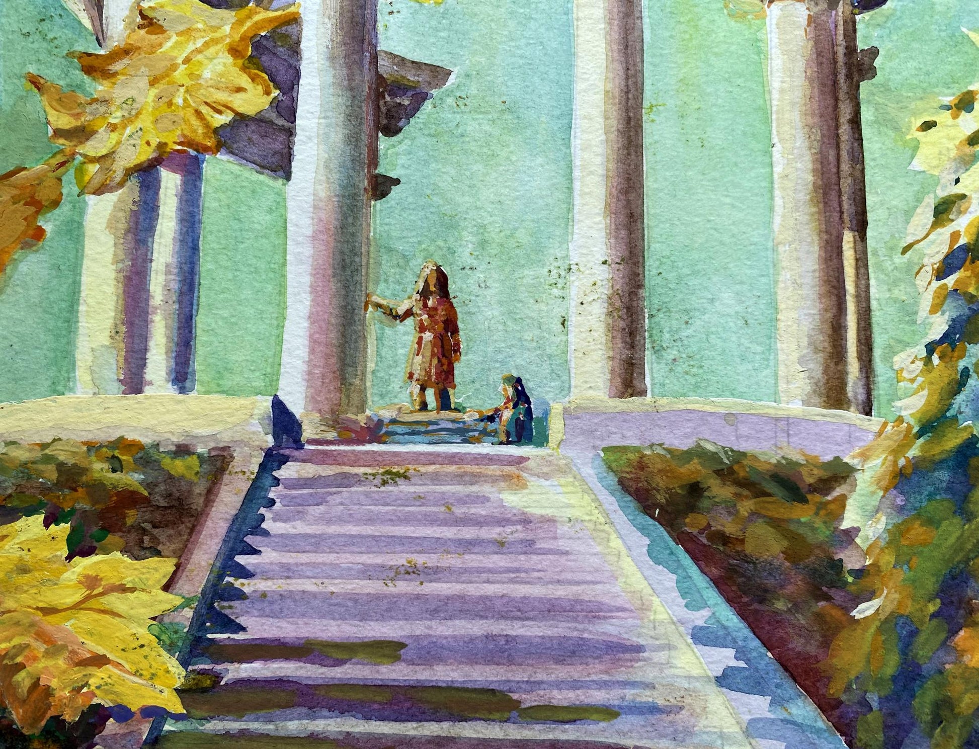 Watercolor painting of City Park Benfialov stone staircase with autumn foliage