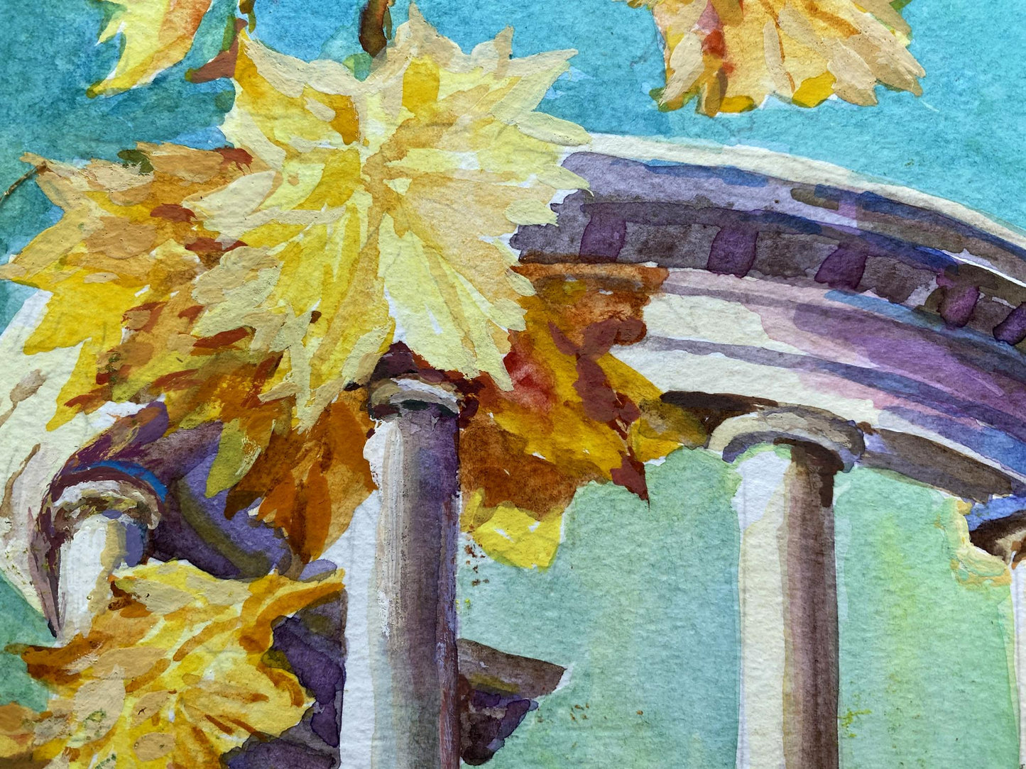Vibrant yellow maple leaves over City Park Benfialov stone columns watercolor