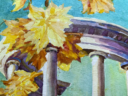 Vibrant yellow maple leaves over City Park Benfialov stone columns watercolor