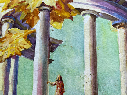 Watercolor painting of City Park Benfialov with columns, autumn leaves, figure