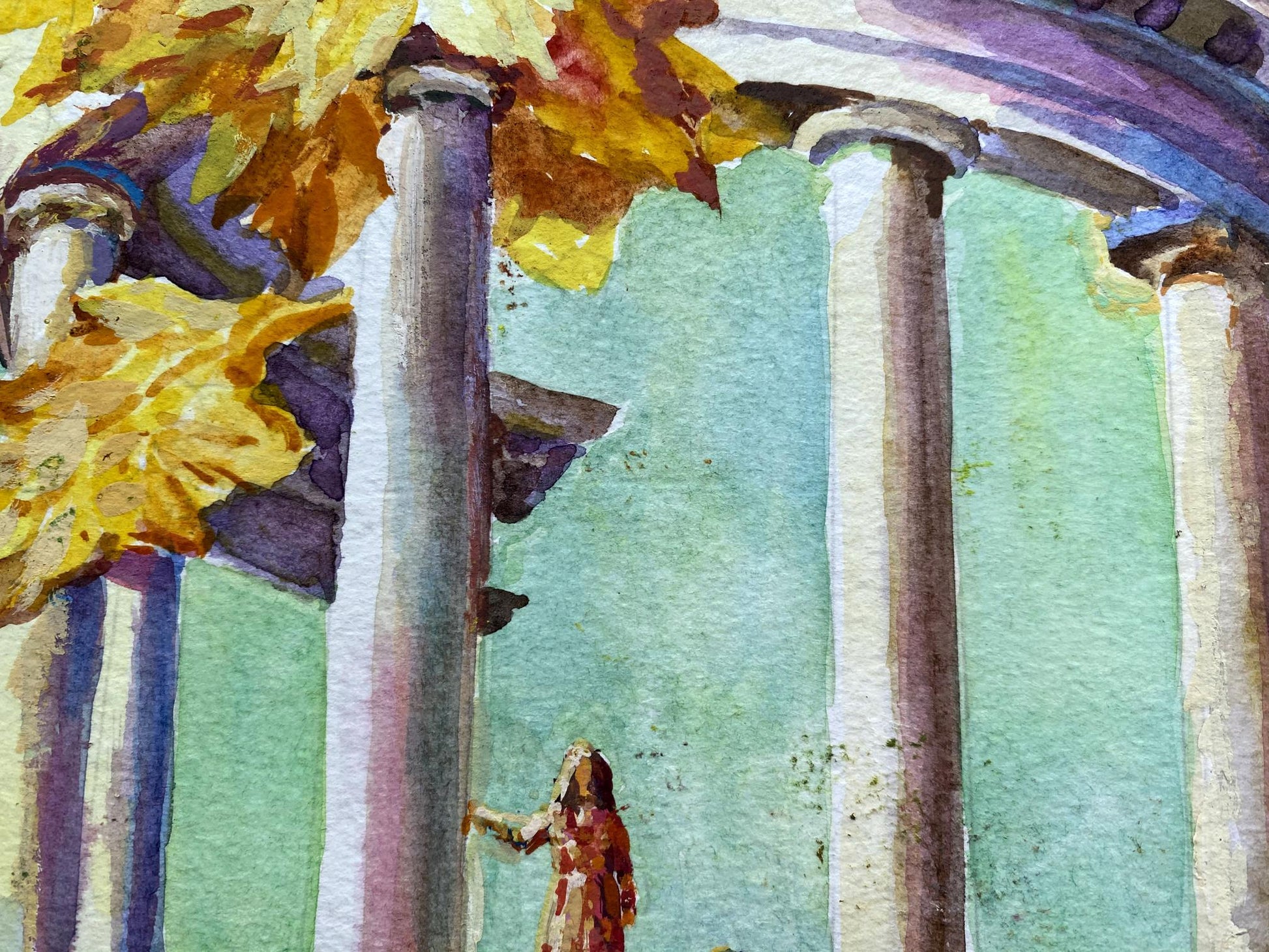 Watercolor painting of City Park Benfialov with classical columns and golden autumn leaves