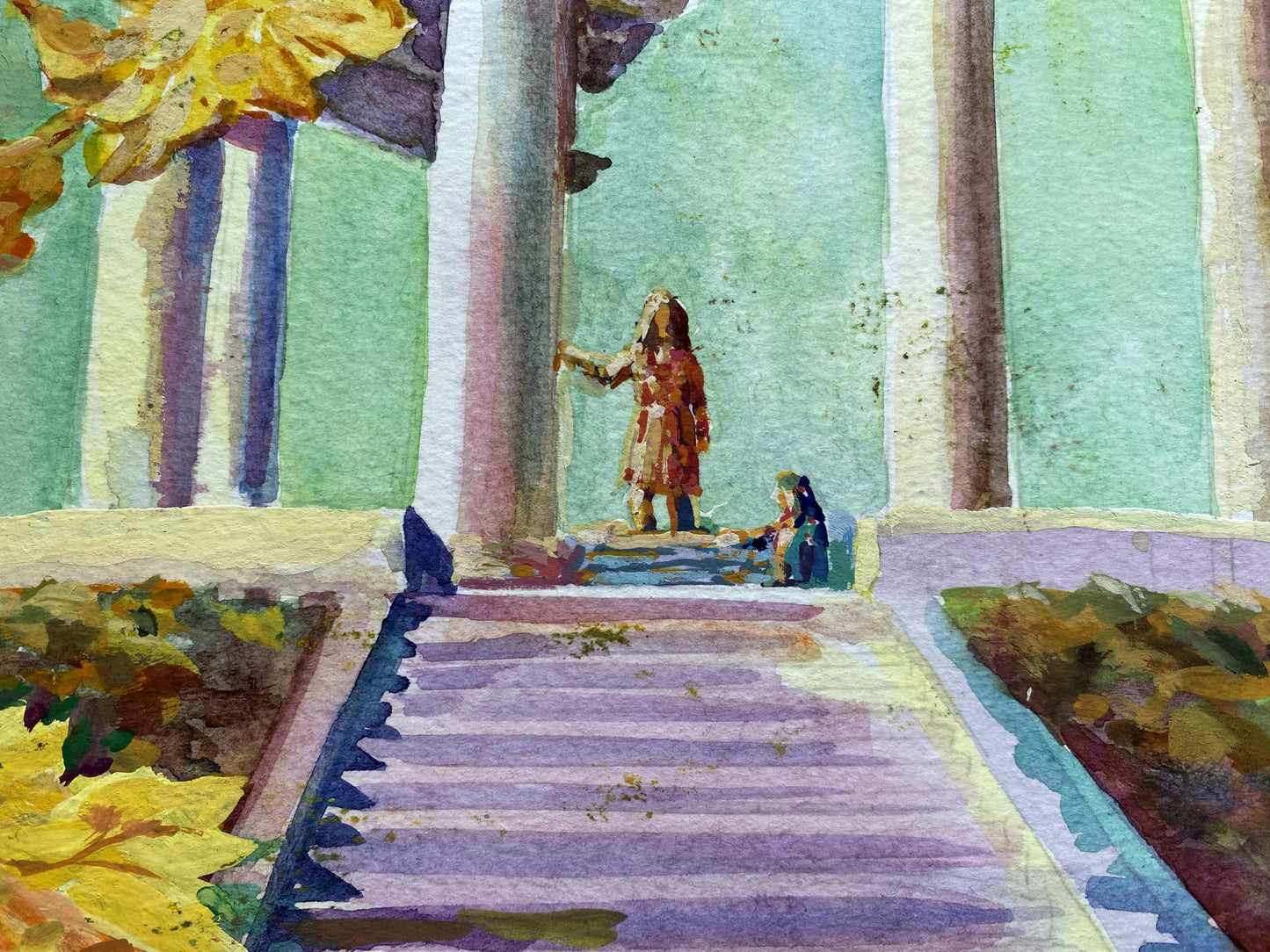 Watercolor painting of City Park Benfialov statue on steps