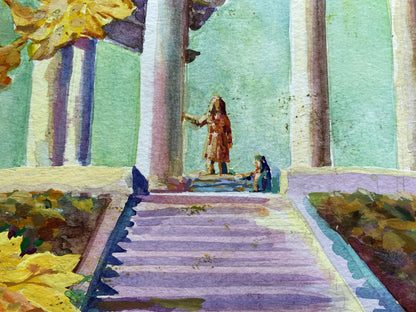 Watercolor painting of City Park Benfialov statue on steps