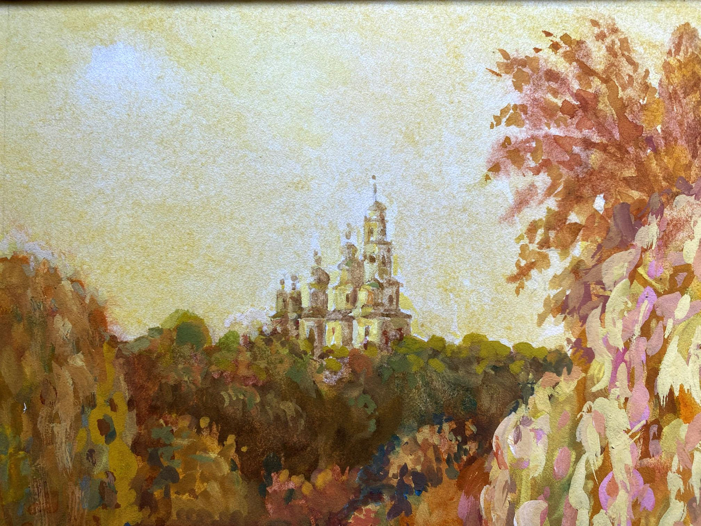 Painting Evening landscape Benfialov: white stone church with golden domes above autumn trees