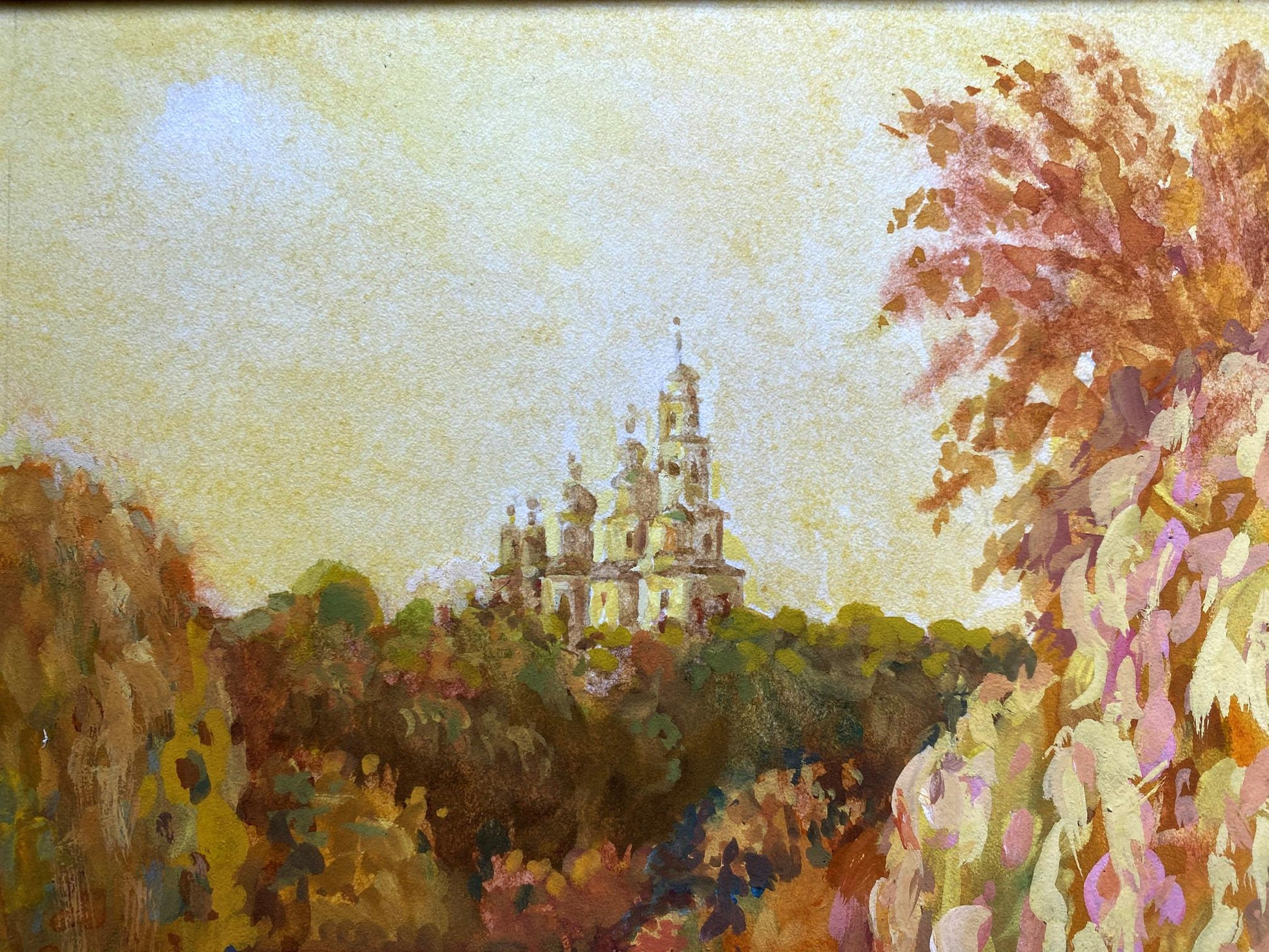 Painting Evening landscape Benfialov: white stone church with golden domes above autumn trees