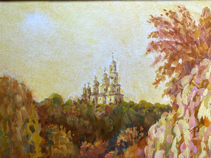 Painting Evening landscape Benfialov: white stone church with golden domes above autumn trees
