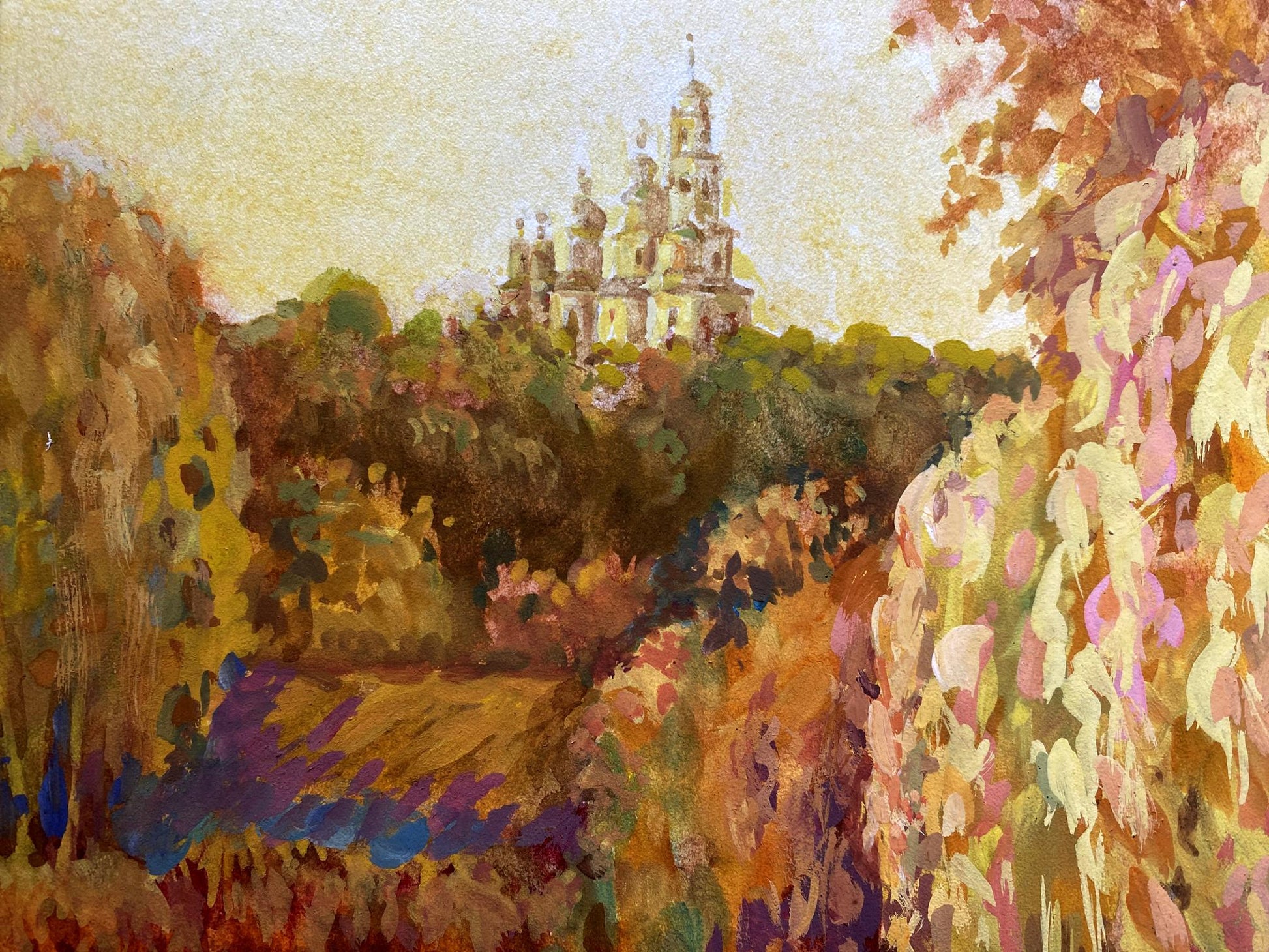 Painting Evening landscape Benfialov: white stone church with golden domes in vibrant autumn scene