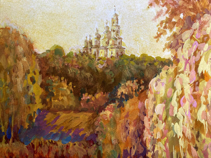 Painting Evening landscape Benfialov: white stone church with golden domes in vibrant autumn scene