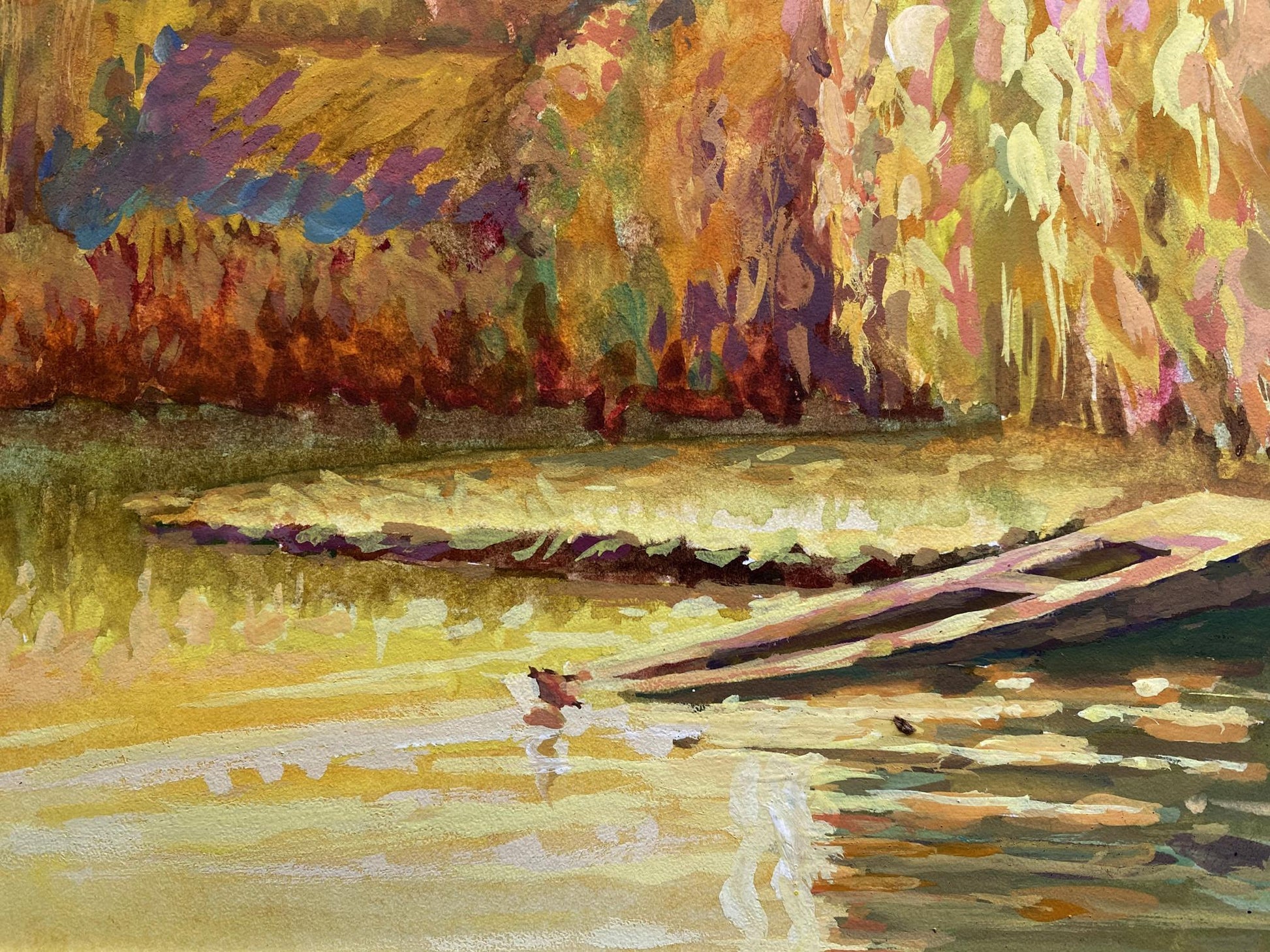 Painting Evening landscape Benfialov: rowboat on golden autumn water