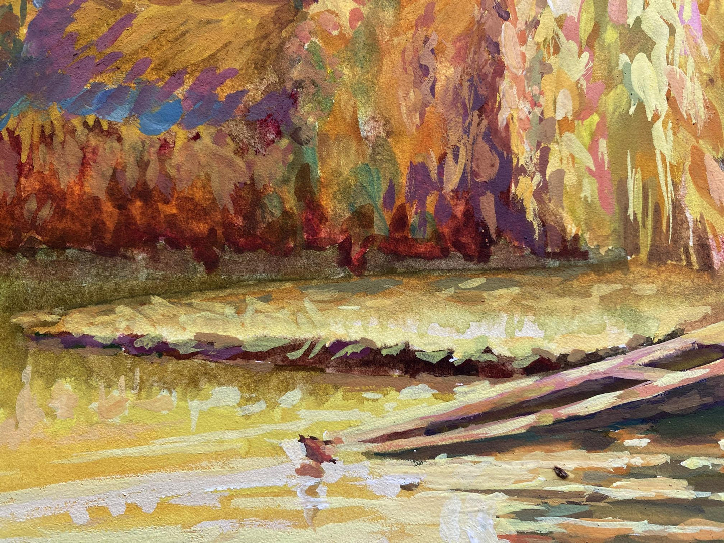 Vibrant impressionist evening landscape painting by Benfialov with autumn riverbank