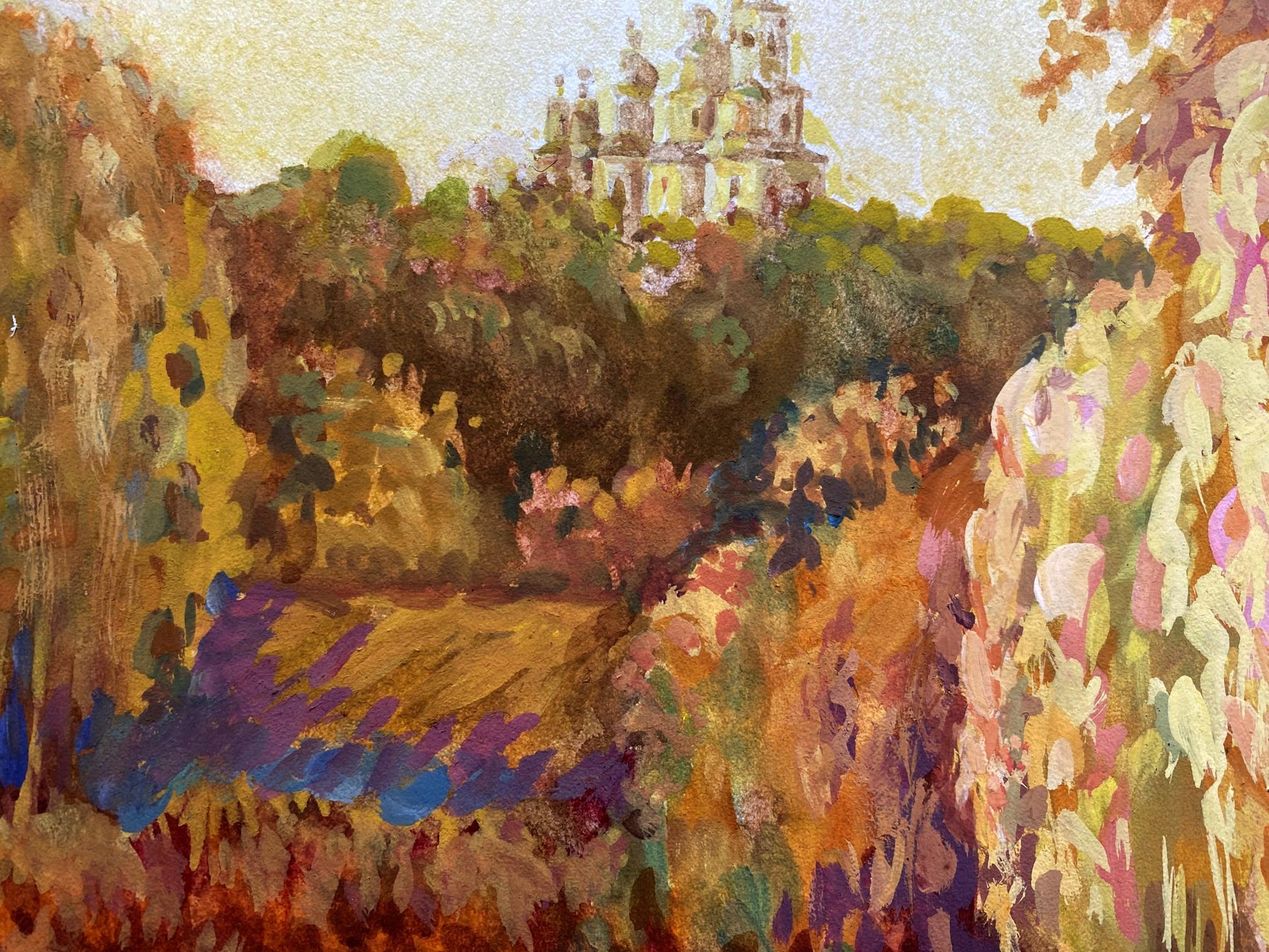 Vibrant impressionist evening landscape painting by Benfialov of ornate church with golden domes amid autumn fields