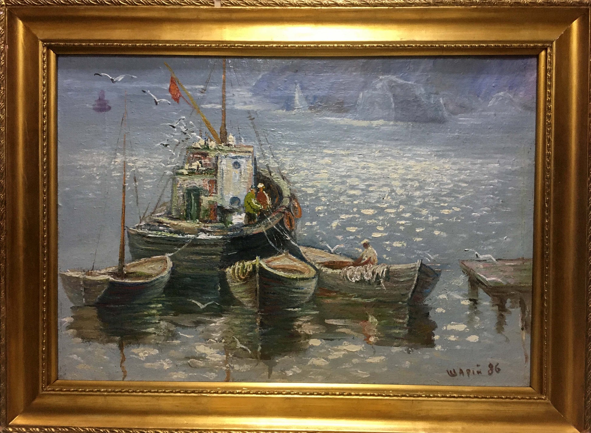 Oil painting On the lake Shariy Anatoliy framed fishing boat in icy waters