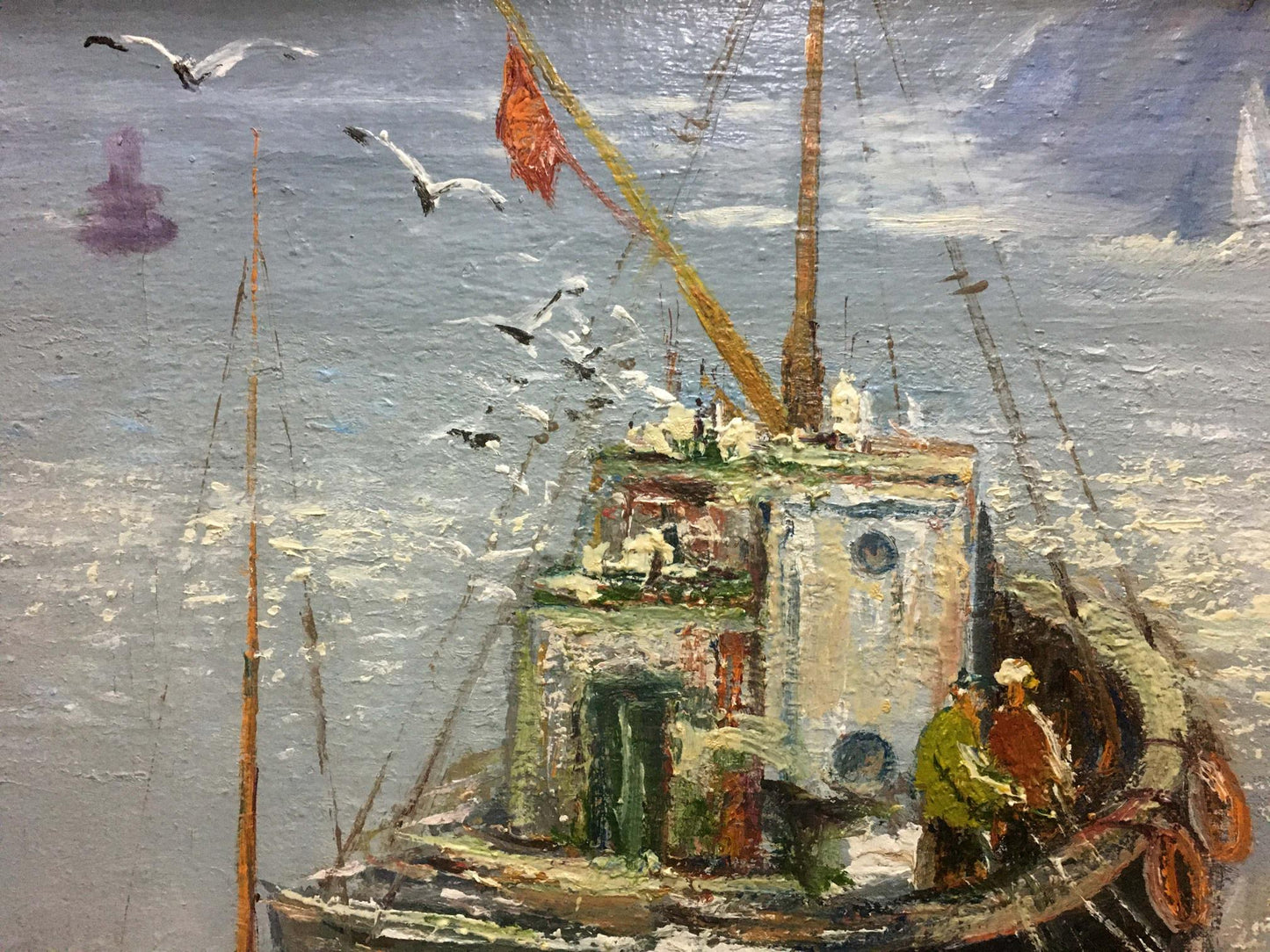 Oil painting On the Lake by Shariy Anatoliy: weathered green and white fishing boat