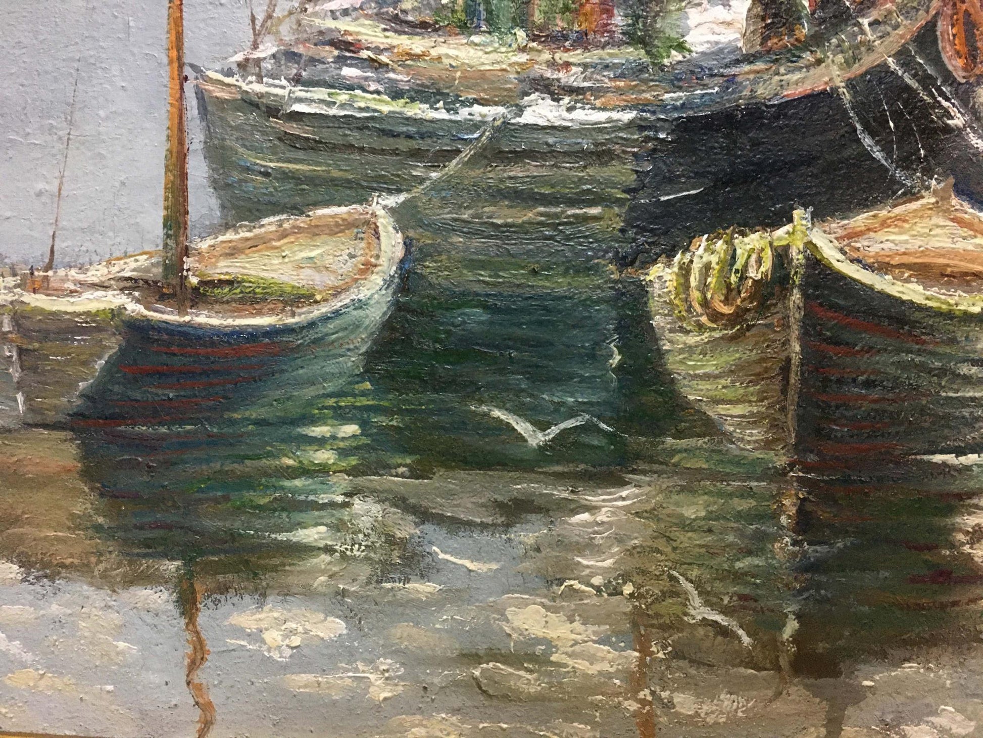 Oil painting On the Lake by Shariy Anatoliy: weathered boats in harbor