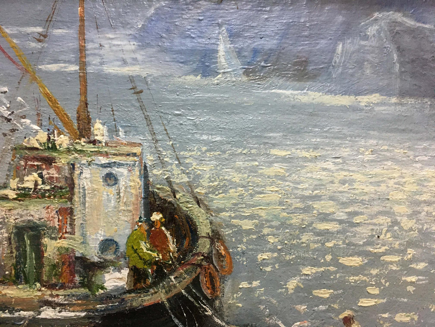 Oil painting On the Lake by Shariy Anatoliy: weathered white green fishing boat