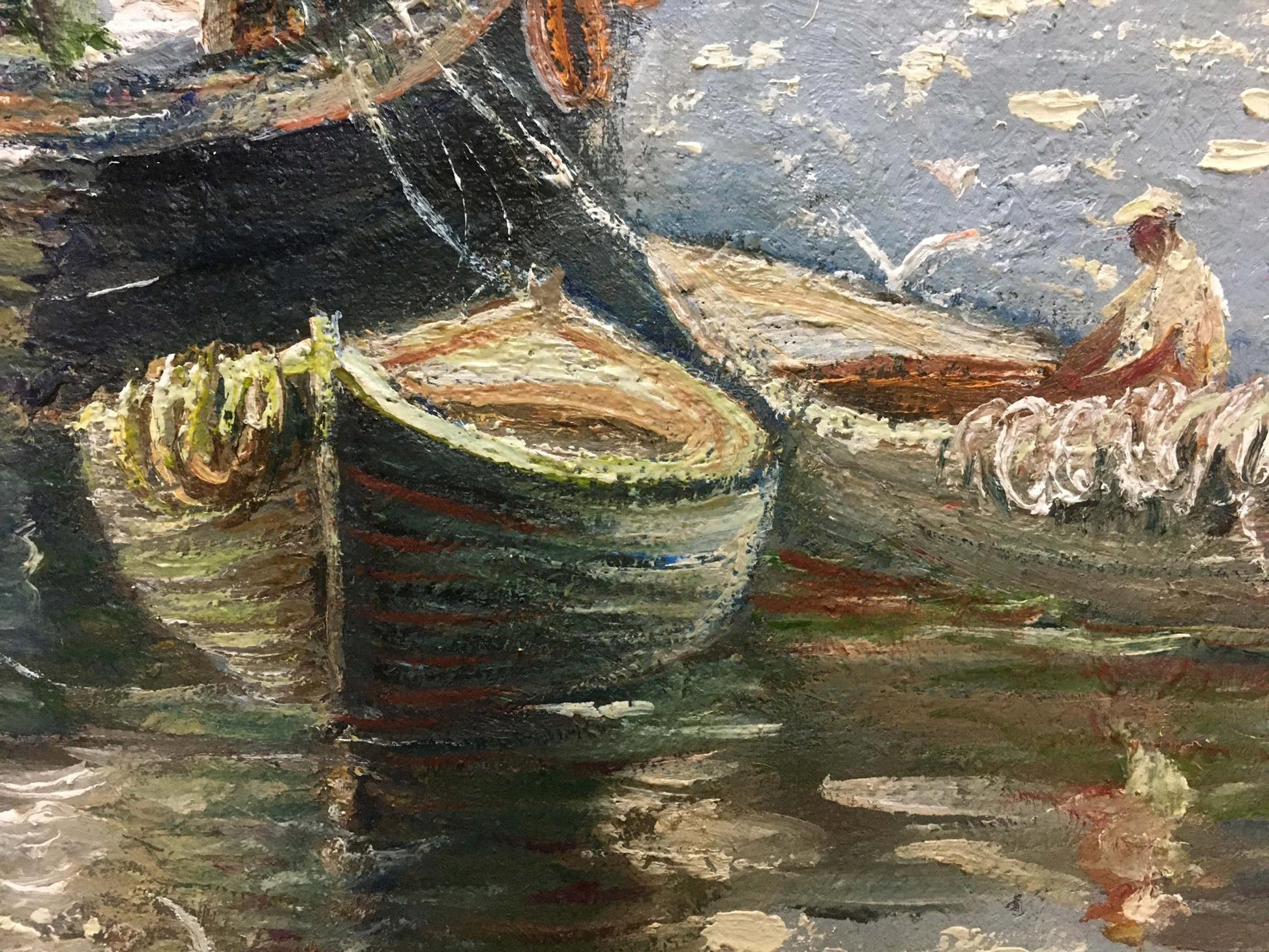 Impressionistic oil painting of weathered green rowboat on the lake by Shariy Anatoliy