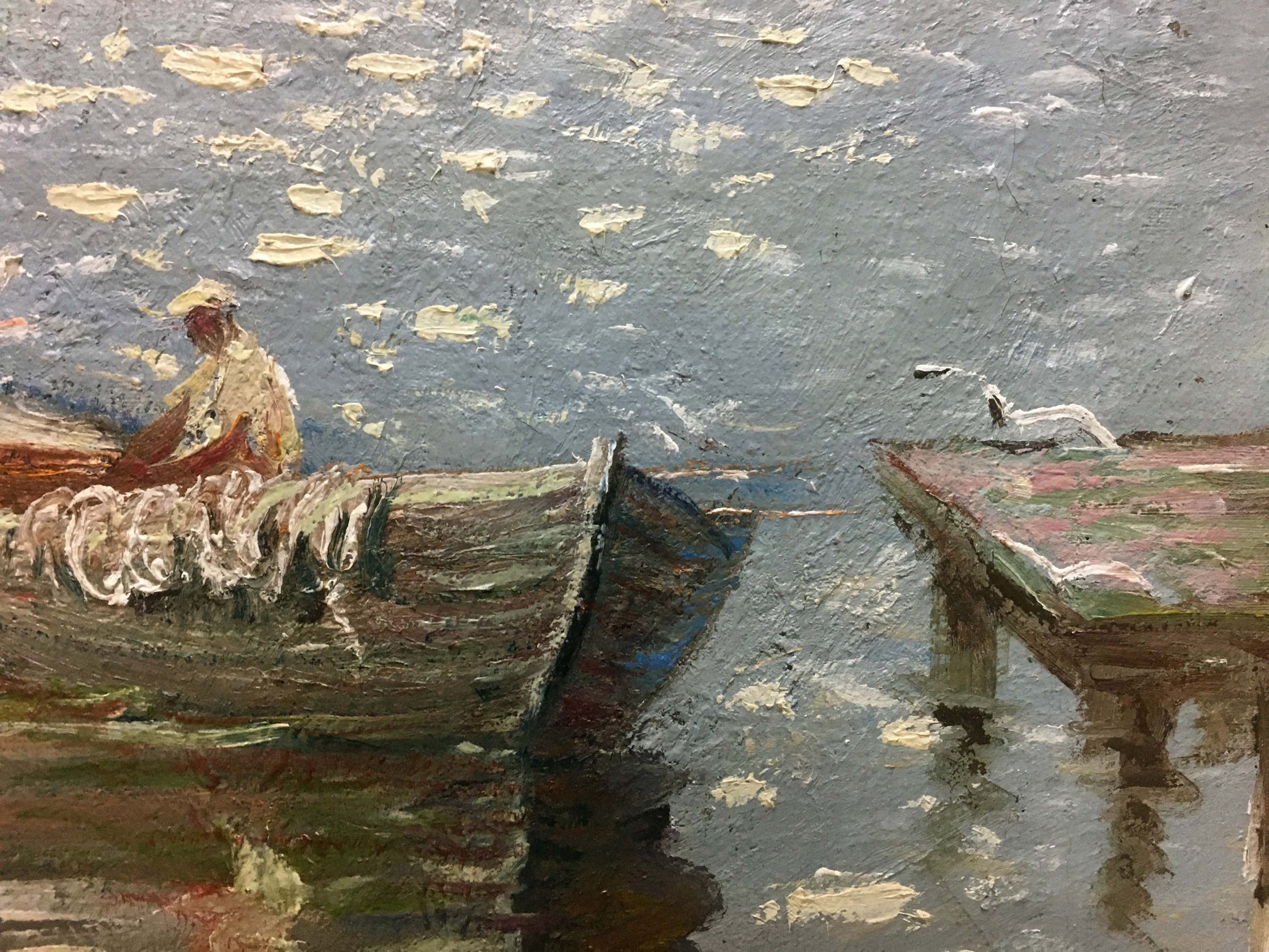Oil painting On the Lake by Shariy Anatoliy, textured boat figure