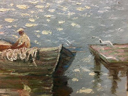 Oil painting On the Lake by Shariy Anatoliy, textured boat figure
