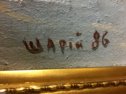 Back of Oil painting On the lake Shariy Anatoliy with red Wapin 86 signature above gold frame
