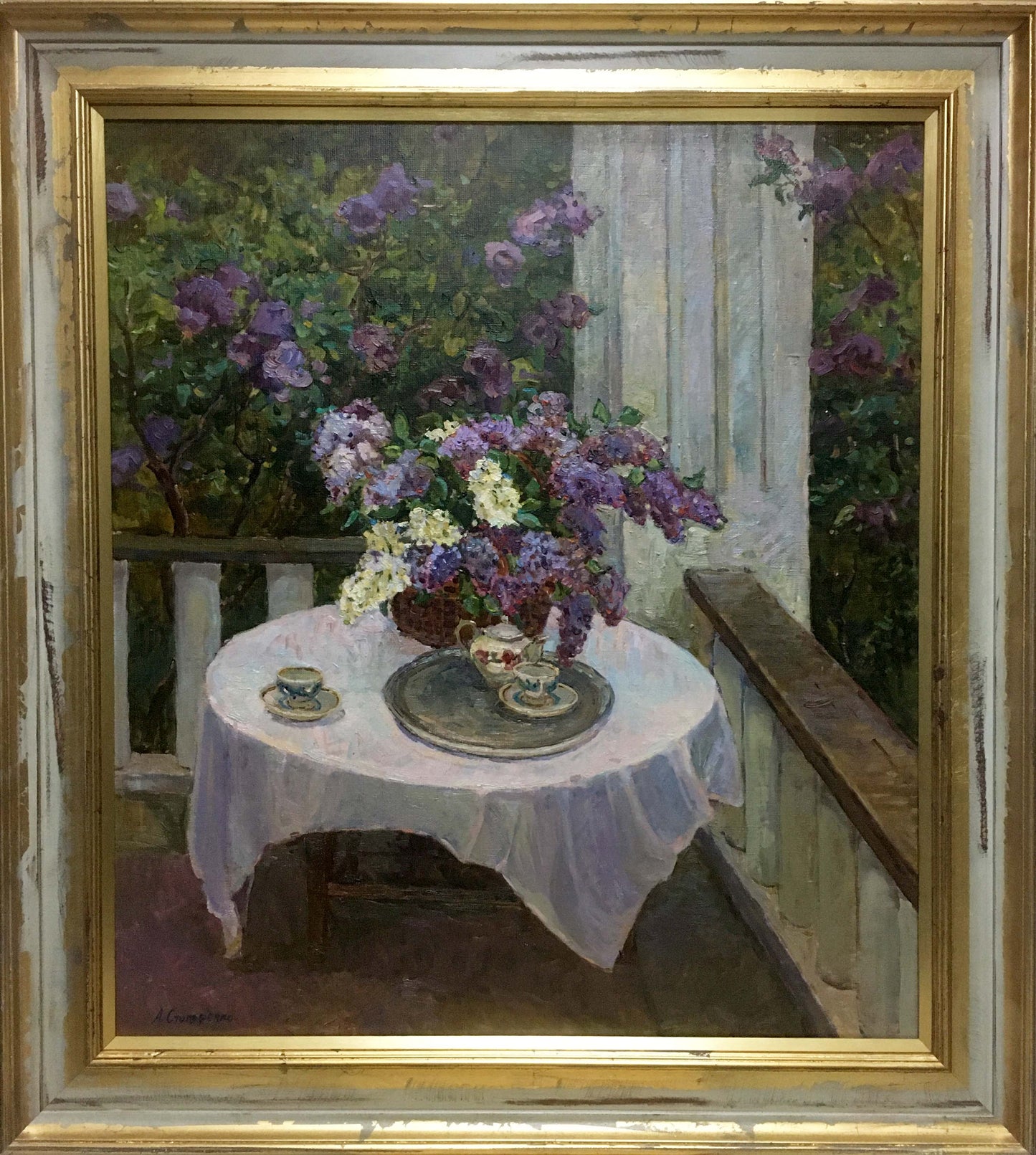 Oil painting of purple white lilacs in vase on balcony by Alexey Stolyarenko