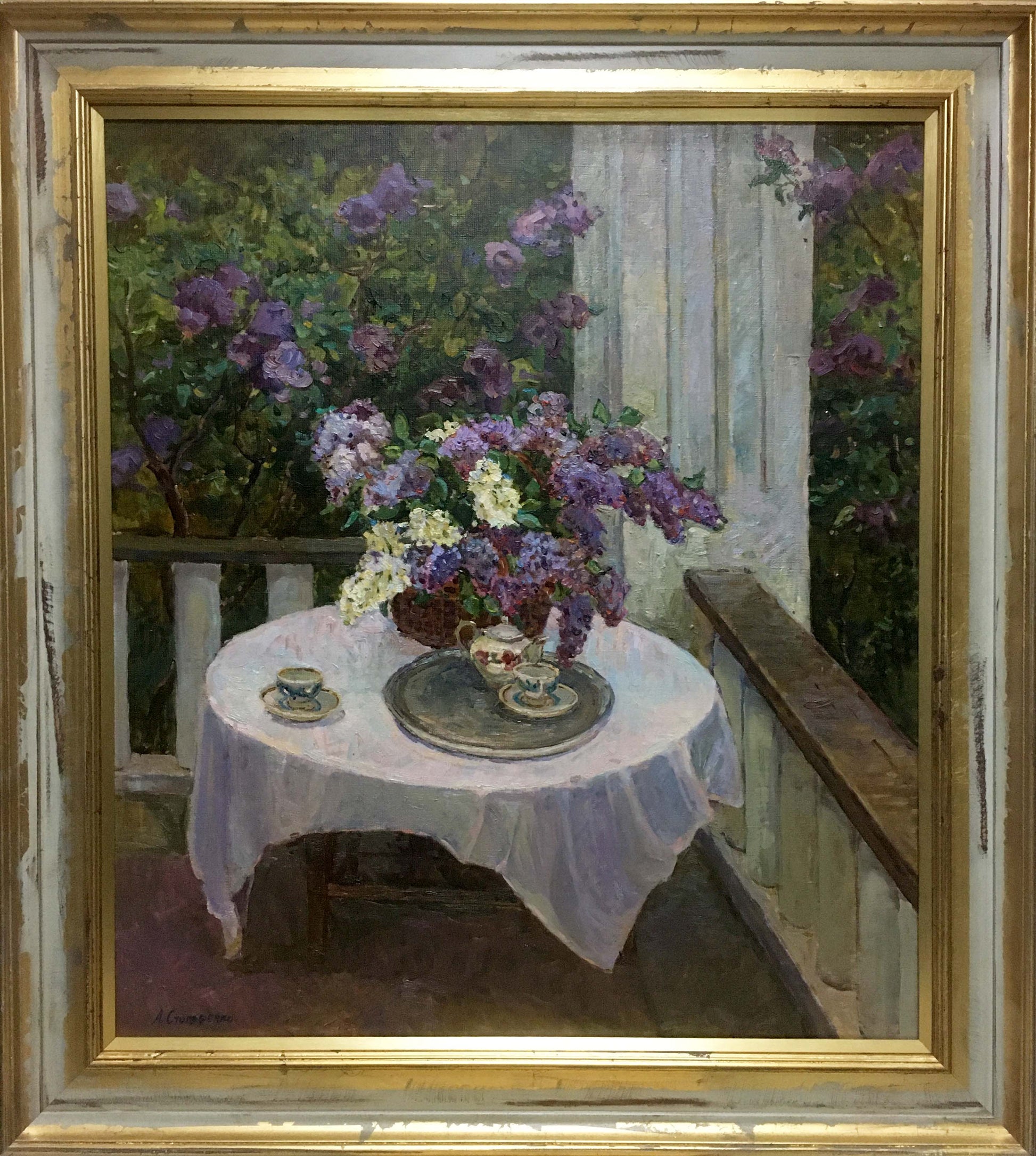 Oil painting of purple white lilacs in vase on balcony by Alexey Stolyarenko