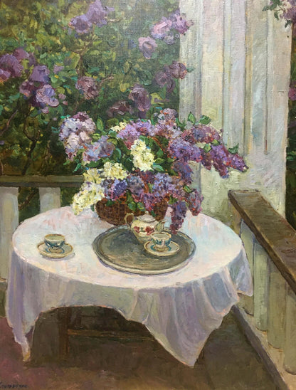 Oil painting of purple white lilacs bouquet in basket by Alexey Stolyarenko