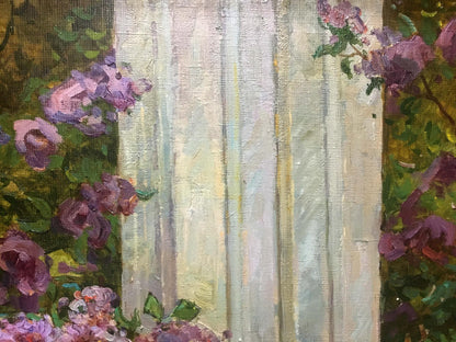 Oil painting Flowers on the balcony by Alexey Stolyarenko with white column and lush flowers