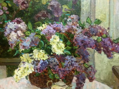 Oil painting of lilacs in basket by Alexey Stolyarenko