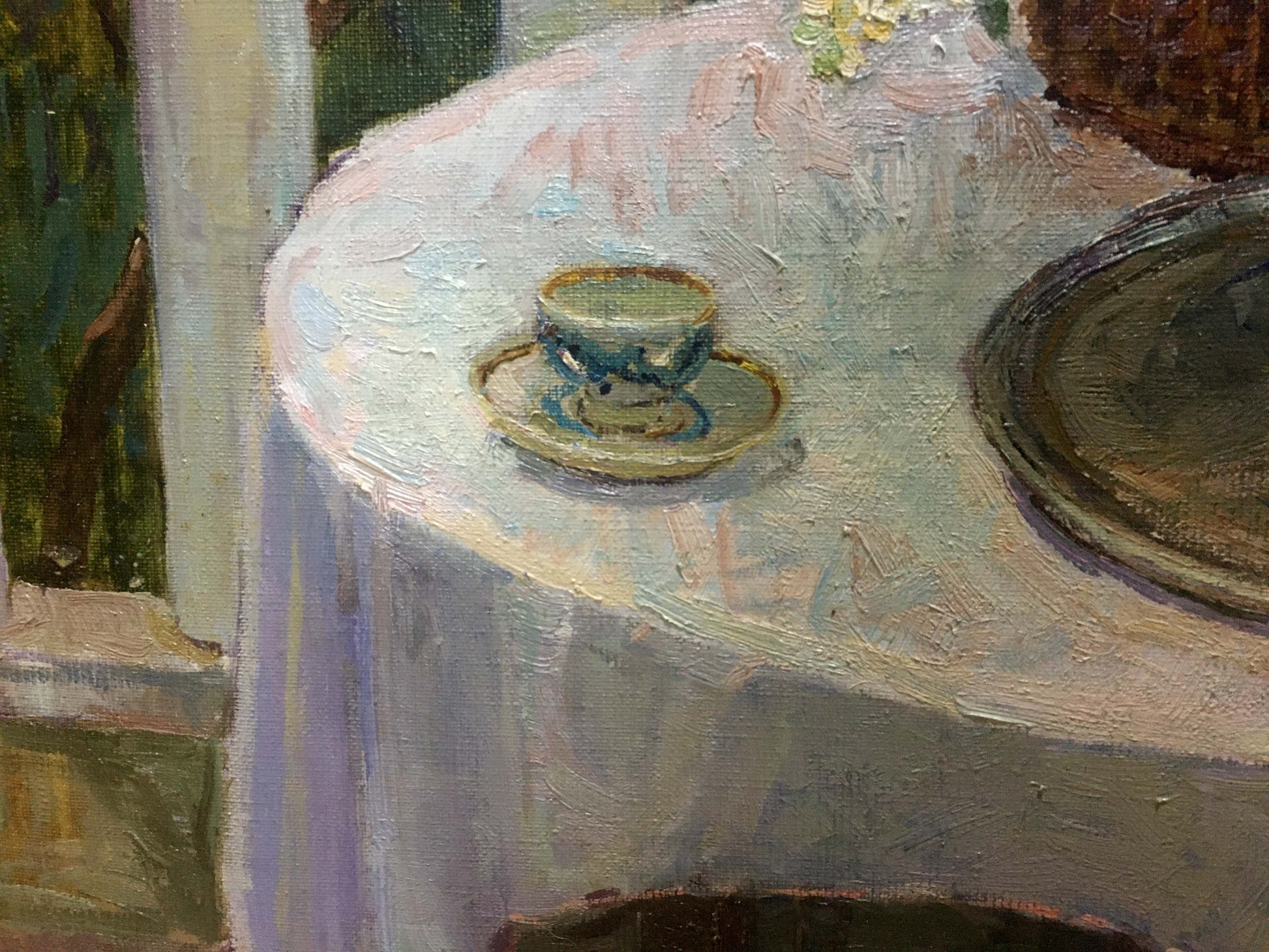 Delicate blue and white porcelain teacup on saucer in Alexey Stolyarenko oil painting