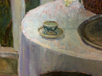 Delicate blue and white porcelain teacup on saucer in Alexey Stolyarenko oil painting
