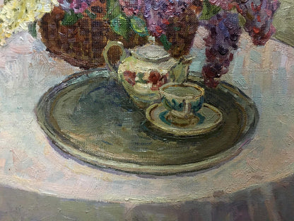 Oil painting by Alexey Stolyarenko: cream teapot with floral pattern on tray