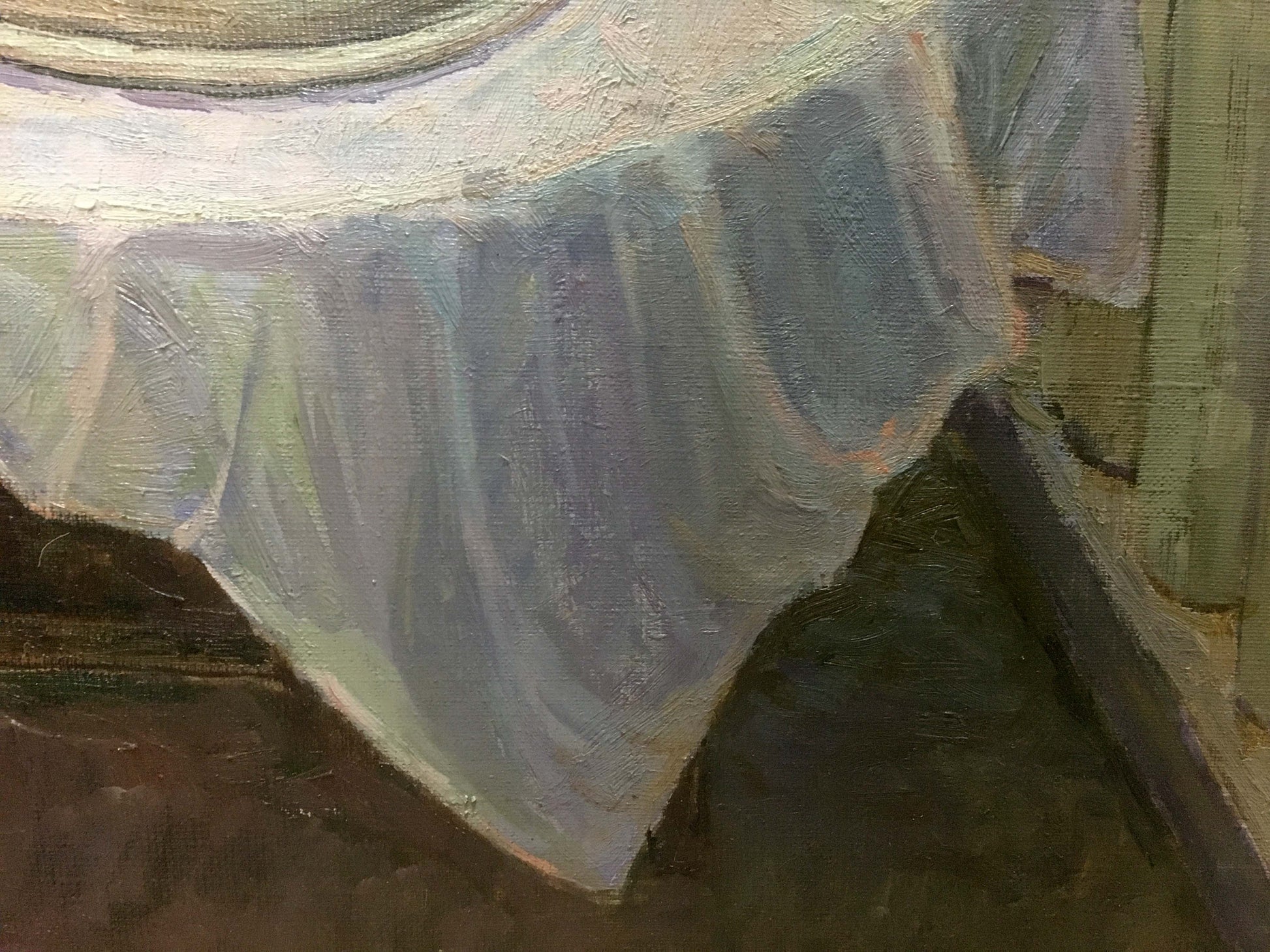 Oil painting Flowers on the balcony by Alexey Stolyarenko on pale blue tablecloth