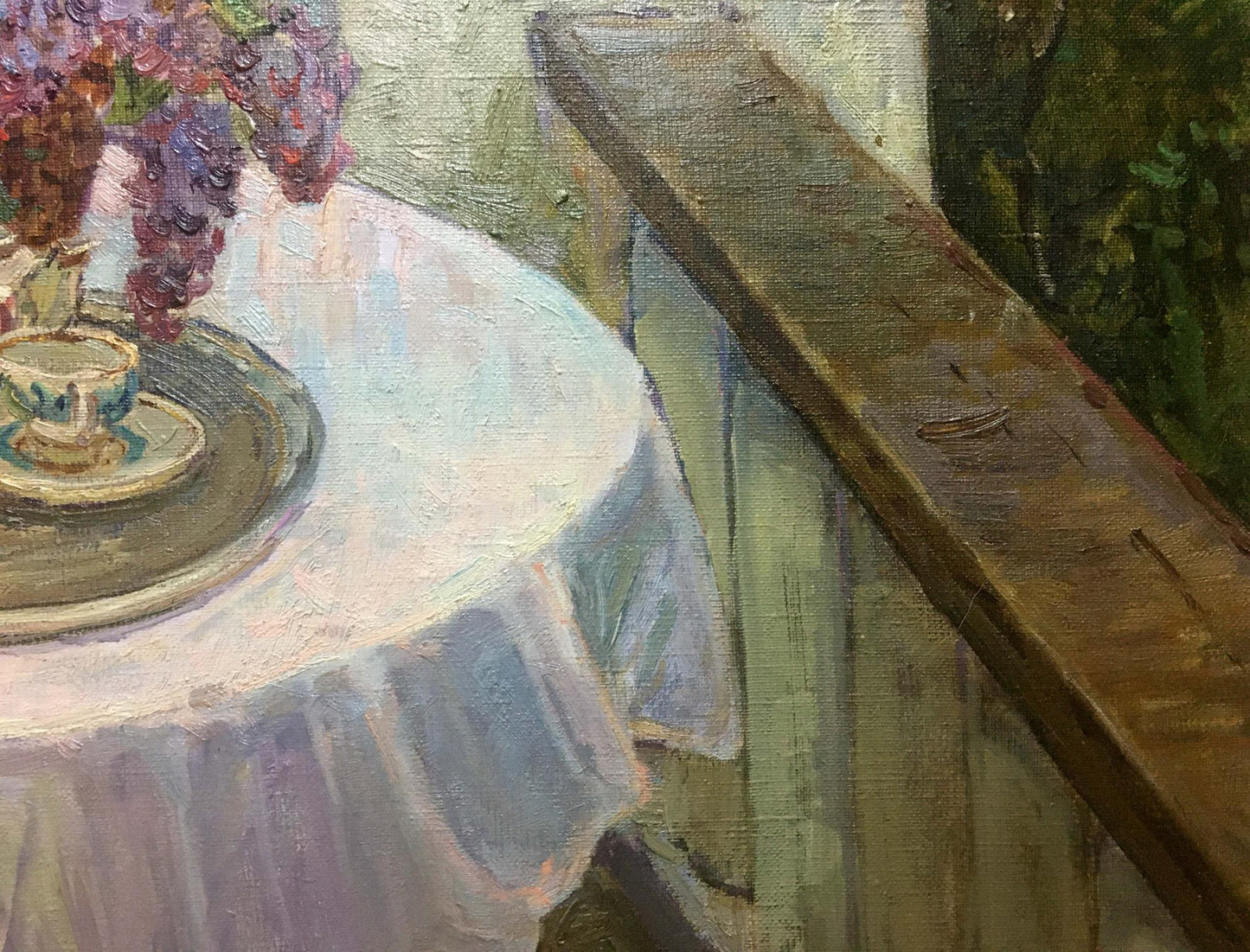 Oil painting of delicate blue white porcelain teacup by Alexey Stolyarenko