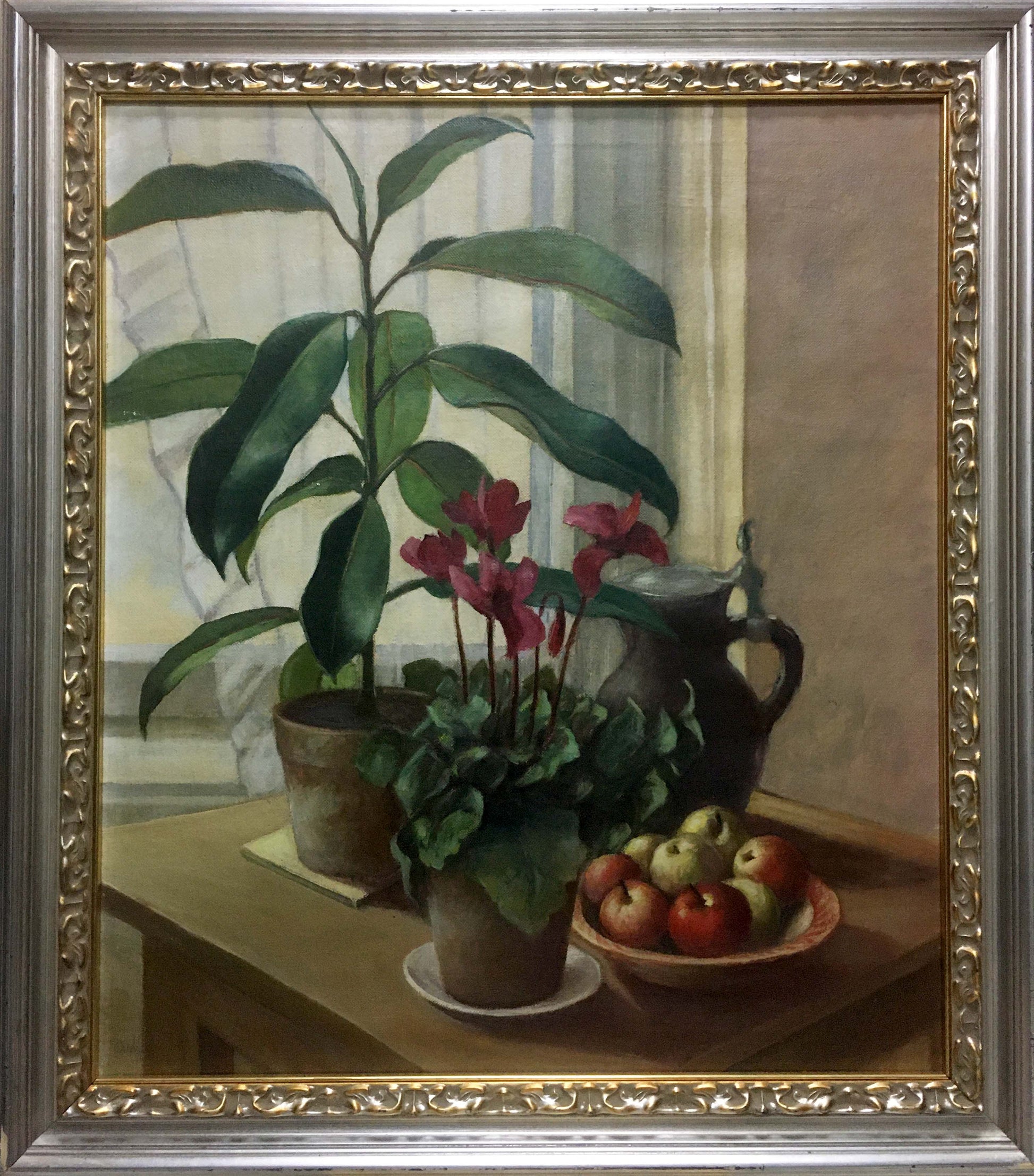 Oil painting Still life Owiejleising: plant, cyclamen, apples, pitcher