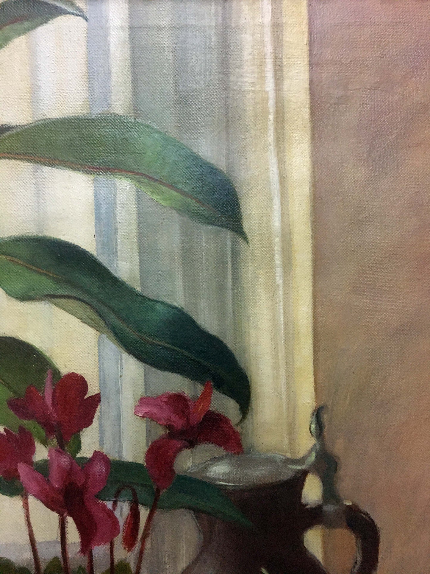 Oil painting Still life Owiejleising: dark metallic pitcher with red flowers by window