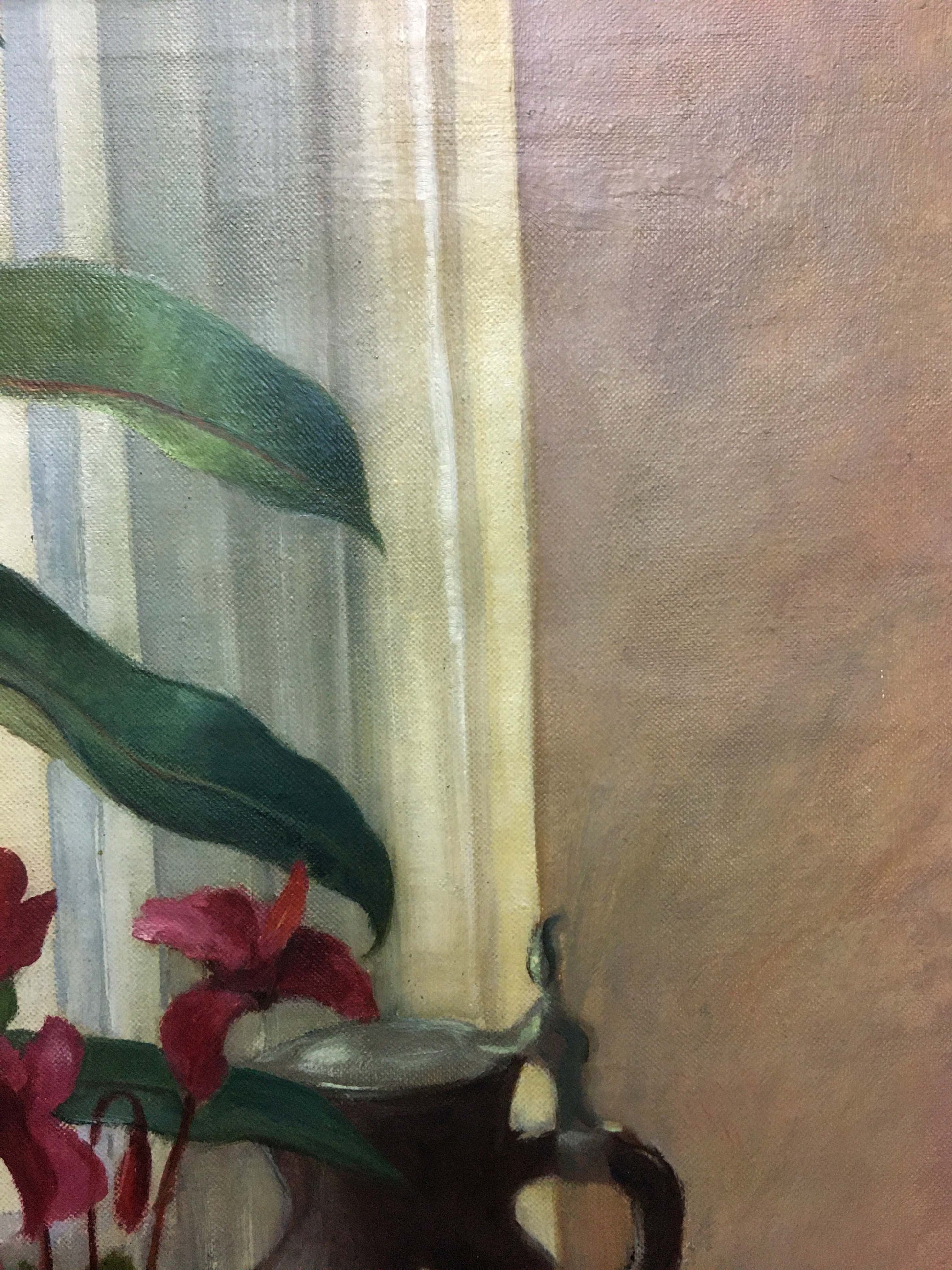 Oil painting Still life Owiejleising: dark metallic pitcher with red flowers